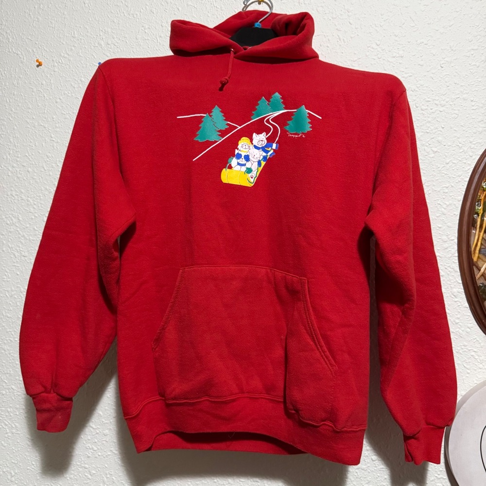 Vintage 80s women's L Sledding‎ Christmas Cats Hoodie Sweatshirt Red Pullover